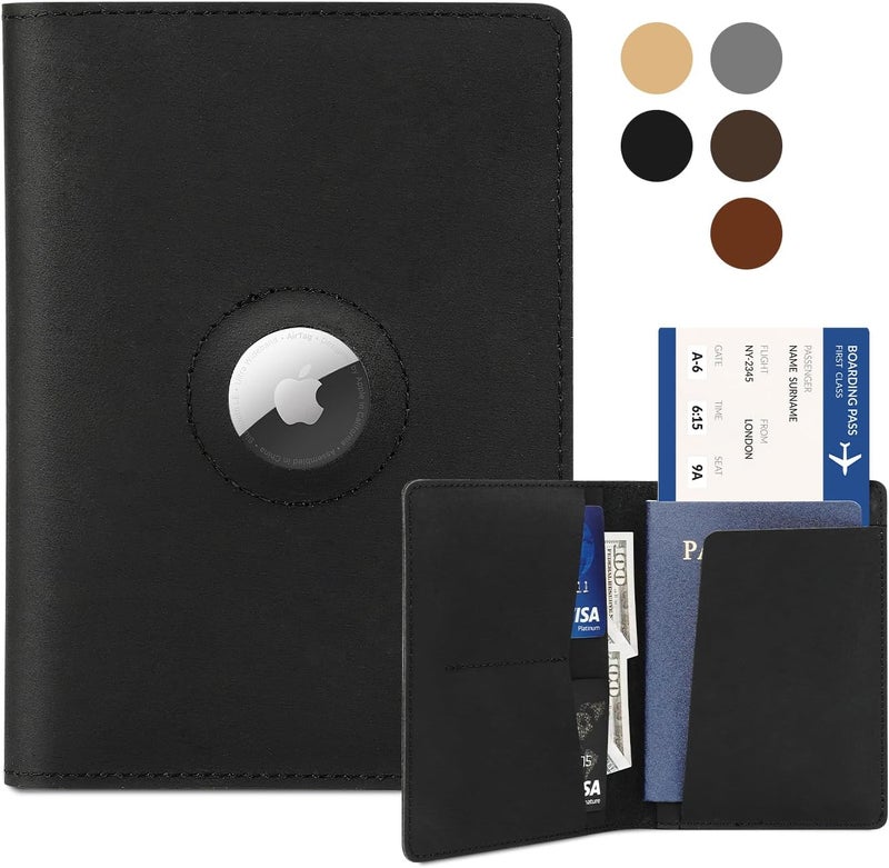Kicoroiny Airtag Passport Holder for Men and Women Travel, Real Leather Passport Wallet, Handmade Passport Cover Case with Airtag Slot, Travel Must Haves Essentials Accessories Birthday Gifts(Crazy Horse,Black) - Image 1